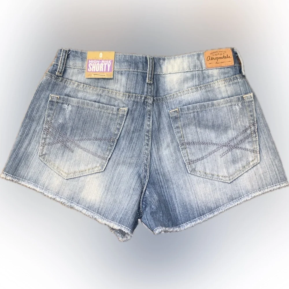 Aeropostale High Rise Shorty Blue Jean Denim Shorts Distressed Cut-Off NWT 0